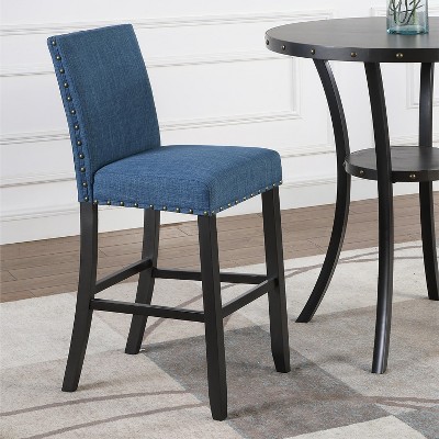 Espresso Wood Pub Table Set with Blue Upholstered Chairs