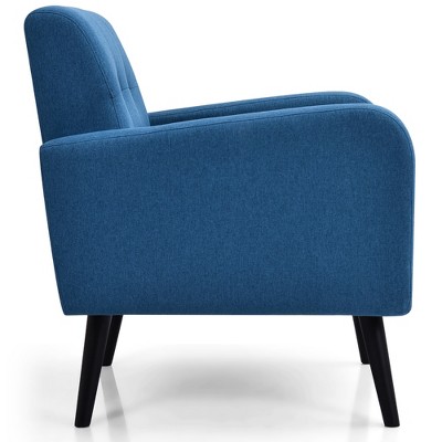 Blue Linen Tufted Back Armchair with Rubber Wood Legs