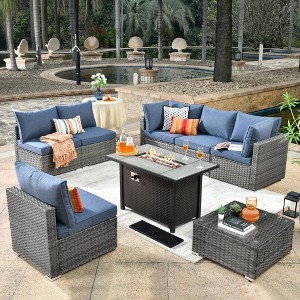 Ovios Venice 8pc Wicker Outdoor Patio Furniture Set Conversation Sofa with a Metal Fire Pit and Cushions - 1 of 4