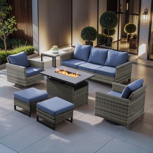 Buenhomino Outdoor Wicker Patio Furniture Set with 43" Propane Fire Pit, Swivel Patio Chairs Set with Sofa Couch, Fire Pit Table and Ottoman - 1 of 4