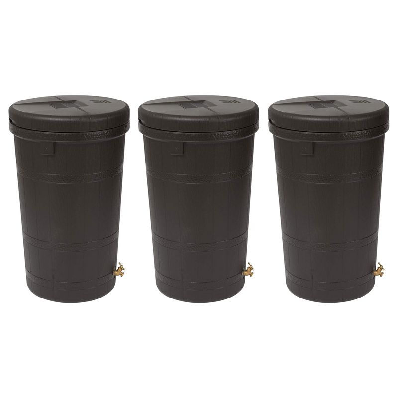Good Ideas Aspen 50 Gallon Capacity Rain Barrel Water Storage Collector Saver with Brass Spigot and Removable Lid, Oak Brown (3 Pack), 1 of 5