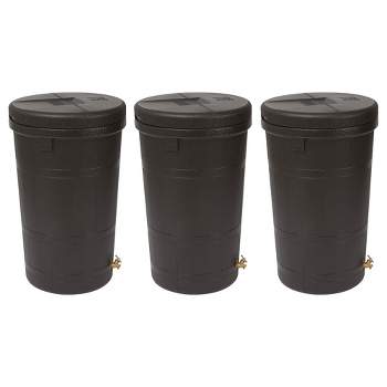 Good Ideas Aspen 50 Gallon Capacity Rain Barrel Water Storage Collector Saver with Brass Spigot and Removable Lid, Oak Brown (3 Pack)