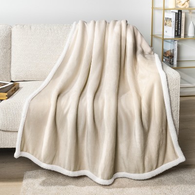 Cream Beige Reversible Sherpa Fleece Throw Blanket
