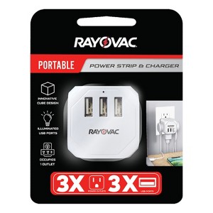 RAYOVAC® Portable Power Strip and Charger Wall Tap Cube, 3 AC Outlets and 3 USB Ports in White - 1 of 4