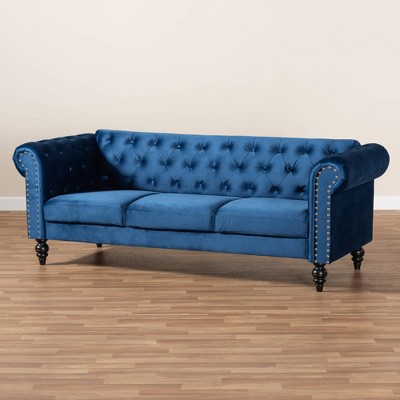 Elegant Black Velvet Chesterfield Sofa with Nailhead Accents and Wood Feet