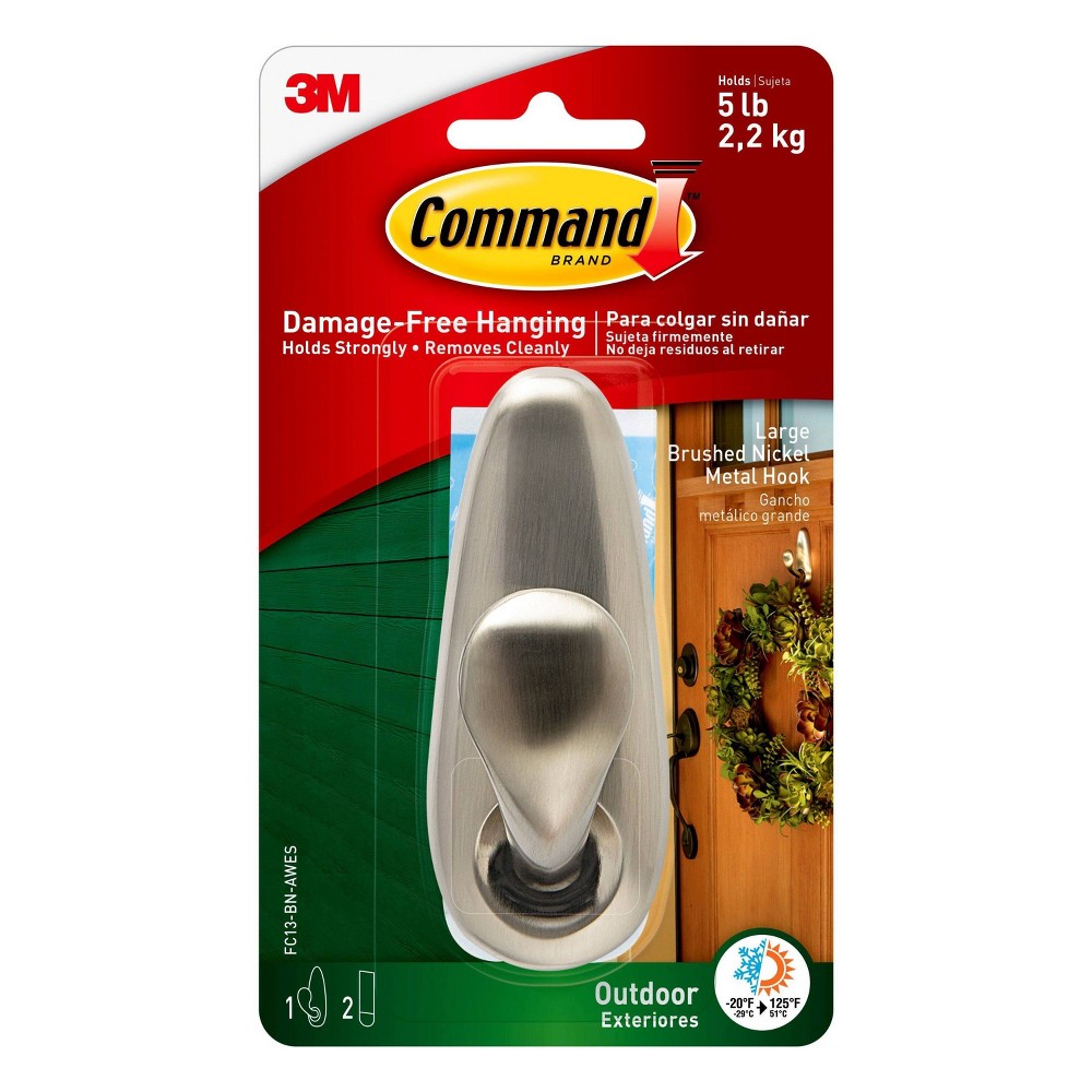 Command Large Sized Outdoor Classic Decorative Metal Hook with Foam Strips Nickel