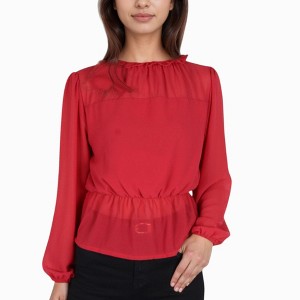 Anna-Kaci Women's Sheer Yoke Long Sleeve Blouse with Ruffle Neckline and Cinched Waist Detail - 1 of 4