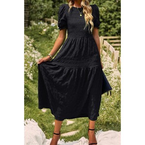 Women's Puff Short Sleeve Smocked Midi Dress Casual Summer Floral Print Elastic Waist Tiered A Line Maxi Dress - 1 of 4