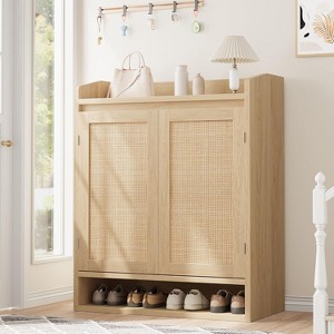 Rattan Shoe Cabinet with 2 Doors, 5-Tier Shoe Storage Cabinet with Adjustable Shelves, Wooden Shoe Storage Organizer for Entryway, Living Room - 1 of 4