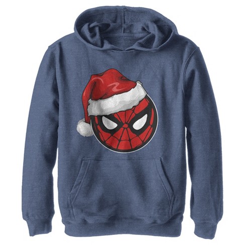 Boy's Marvel Christmas Spider-Man Santa Hat Pull Over Hoodie - Navy Blue  Heather - Large