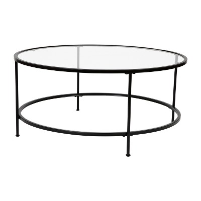 38" Round Glass Coffee Table with Matte Black Metal Base