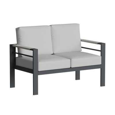 Bestier Aluminum Outdoor Loveseat,Patio Bench Conversation Sofa with Thicken(5") Cushions,Heatproof Armrest,Gray