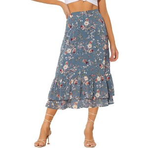 INSPIRE CHIC Women's Chiffon Elastic Waist Ruffle Tiered Flowy Midi Floral Printed Skirts - 1 of 4
