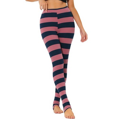 Allegra K Women's Printed High Waist Elastic Waistband Yoga Stirrup Pants  Navy Pink-Stripe Large