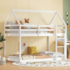CAVINAS Twin Over Twin Rubber Wood Floor Bunk Bed with Ladder & Guardrails,House Bed Frame for Kids Room,Bedroom - 1 of 4