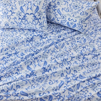 Full Blue Watercolor Floral Microfiber Sheet Set