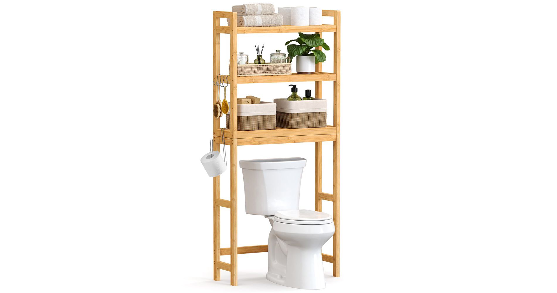 SONGMICS Over The Toilet Storage, 3-Tier Over Toilet Bathroom Organizer with Adjustable Shelf, Fit Most Toilets, Natural
