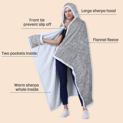 Light Gray Hooded Sherpa Fleece Wearable Blanket with Sleeves
