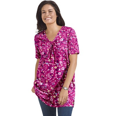Woman Within Plus Size Perfect Printed Short-Sleeve Shirred V-Neck Tunic