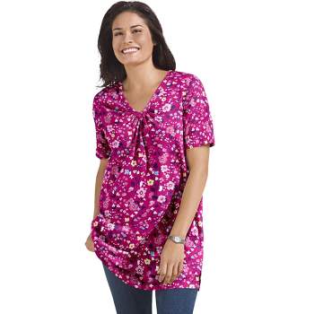 Woman Within Women's Plus Size Perfect Printed Short-Sleeve Shirred V-Neck Tunic