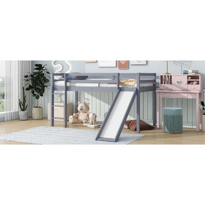 Vynxaria Twin Low Loft Bed with Slide, Ladder & Safety Guardrails - Rubber Wood Design