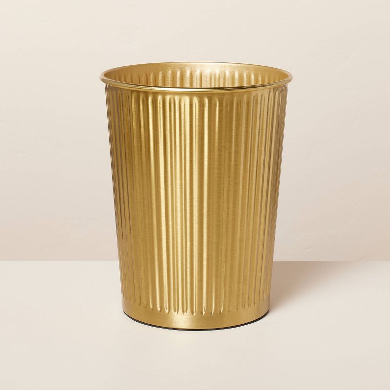 2.4gal Fluted Brass Bathroom Wastebasket Antique Finish - Hearth &#38; Hand&#8482; with Magnolia, 1 of 6