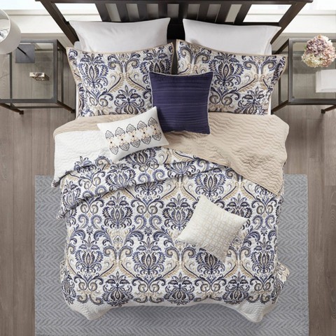 Madison Park 6pc Full/Queen Cascade Reversible Quilted Coverlet Set Blue - Madison Park: Modern Botanical Bedding, Includes Shams & Pillows