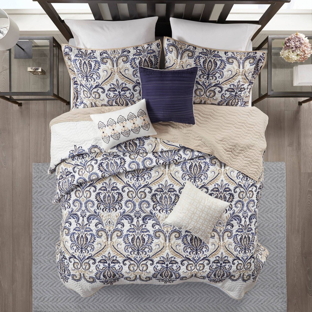 Photos - Bed Linen 6pc Full/Queen Cascade Reversible Quilted Coverlet Set Blue - Madison Park: Modern Botanical Bedding, Includes Shams & Pillo