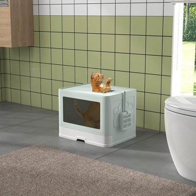 Green Enclosed Cat Litter Box with Top Exit and Scoop