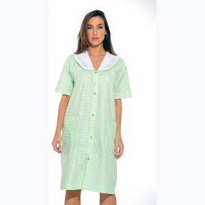 Dreamcrest Womens Short Sleeve Duster, Seersucker Gingham Housecoat/Women Sleepwear Embroidered Snap Front Nightgown - 1 of 3