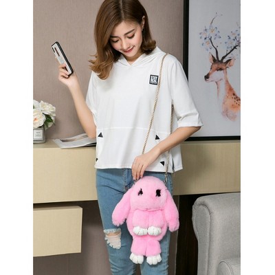 Women Cute Cartoon Rabbit Sling Bag,Fluffy Bunny Shoulder Crossbody Bag,Leather Pink