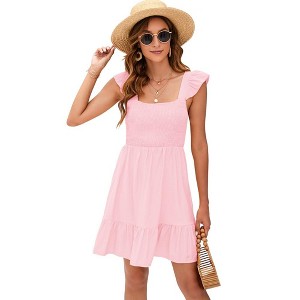 WhizMax Women's Summer Sleeveless Cute Sundress Dress Casual Smocked Ruffle Tie Back Flowy Short Mini Dresses - 1 of 4