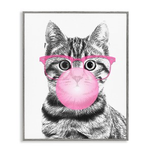 Stupell Industries Adorable Cat Bubble Gum Pink Glasses Monochrome Illustration Framed Giclee Art - 1 of 4