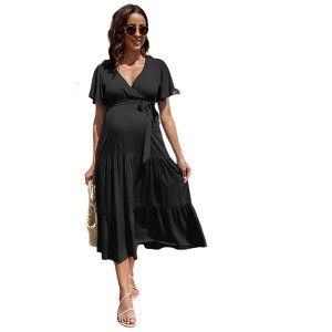 Whizmax Maternity Dress Women's V-Neck Puff Sleeve Pleated Maxi Dress for Baby Shower - 1 of 4