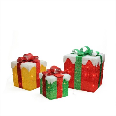 Northlight Set Of 3 Lighted Gold, Green And Red Gift Boxes Christmas ...