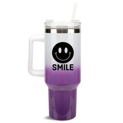 100 North Smile Happy Face Hippie Wrap-Around 40 Oz. Stainless Steel Water Bottle Coffee Mug, Spill & Leak Resistant, Travel Tumbler with Handle, Lid