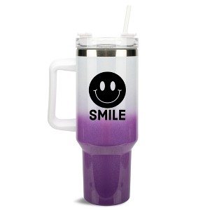 100 North Smile Happy Face Hippie Wrap-Around 40 Oz. Stainless Steel Water Bottle Coffee Mug, Spill & Leak Resistant, Travel Tumbler with Handle, Lid - 1 of 4