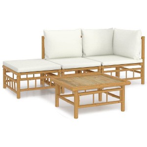 vidaXL 4 Piece Patio Lounge Set with Cream White Cushions Bamboo - 1 of 4