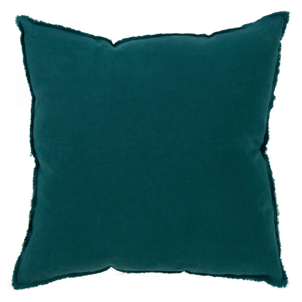 Photos - Pillow 20"x20" Oversize Fringed Design Linen Square Throw  Dark Green - Sar