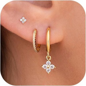 3 Pairs Small Gold Hoop Earring, 14K Gold Plated Earring Stacks Butterfly Heart Star Moon Bow Four Leaf Rhombus Round CZ Pearl - 1 of 4