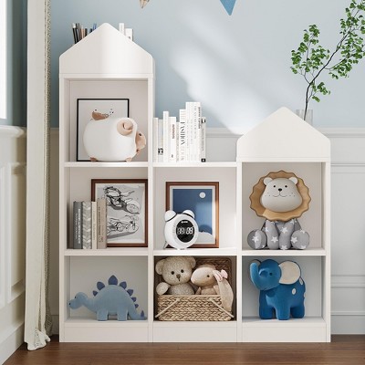 White Bookcase 7-Cubby Kids Bookshelf ToddlersToy Storage Organizer Playhouse Cabinet Shelf Wooden Cubby Storage Toy Shelf