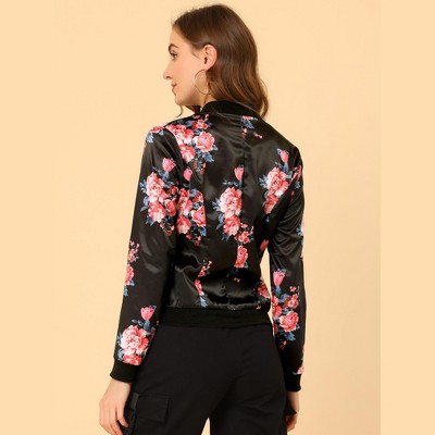 INSPIRE CHIC Women's Stand Collar Floral Prints Zip Up Lightweight Short Jacket Black Pink X-Large — фото 5