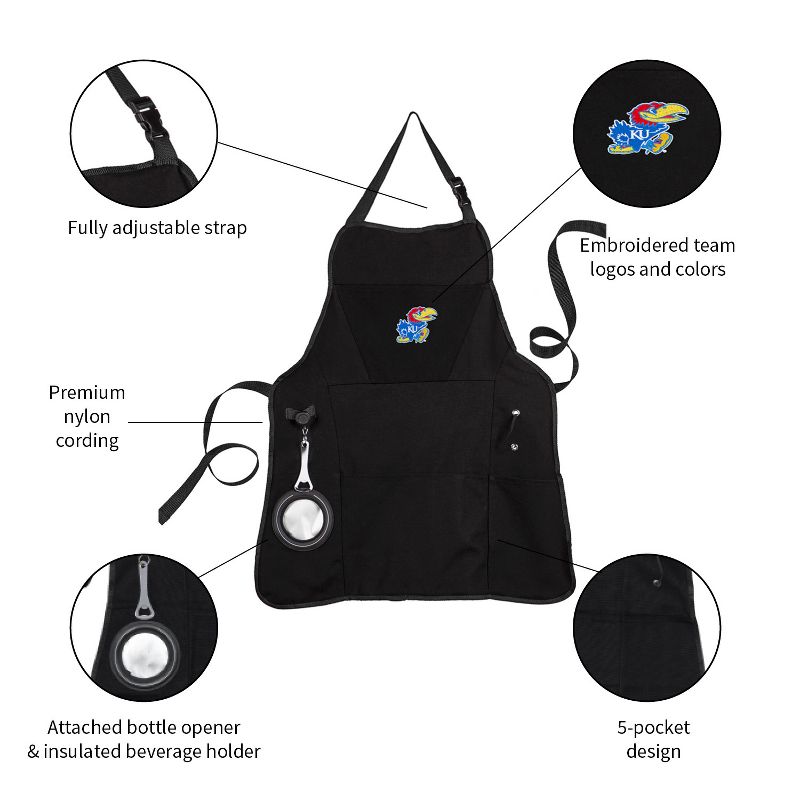 Evergreen University of Kansas Black Grill Apron- 26 x 30 Inches Durable Cotton with Tool Pockets and Beverage Holder, 3 of 6