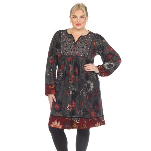 Plus Size Paisley Floral Embroidered Sweater Dress Grey/Red 2X -White Mark