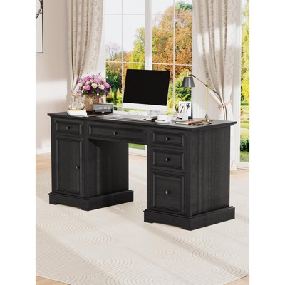 Dyonery administrative desk, wooden computer desk with drawers and cabinets, for home, study, work, writing, antique white home desk for work