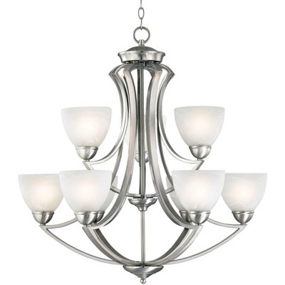 Possini Euro Design Satin Nickel Chandelier 30" Wide Modern White Alabaster Glass 2 Tier 9-Light Fixture Dining Room House Foyer