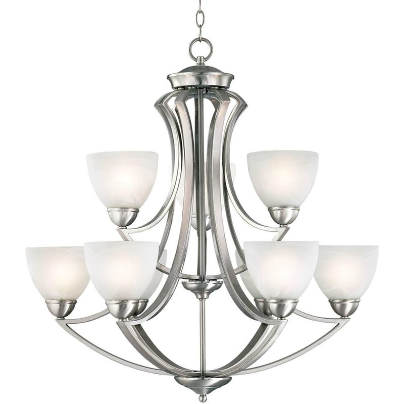 Possini Euro Design Milbury Satin Nickel Chandelier 30" Wide Industrial Tiered White Glass Shade 9-Light Fixture for Dining Room House Kitchen Island, 1 of 8