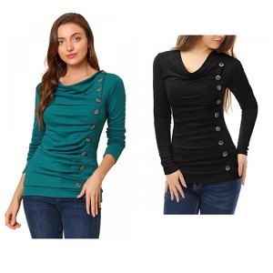 Allegra K Women's Cowl Neck Long Sleeves Buttons Decor Ruched Top 2 Pcs - 1 of 4