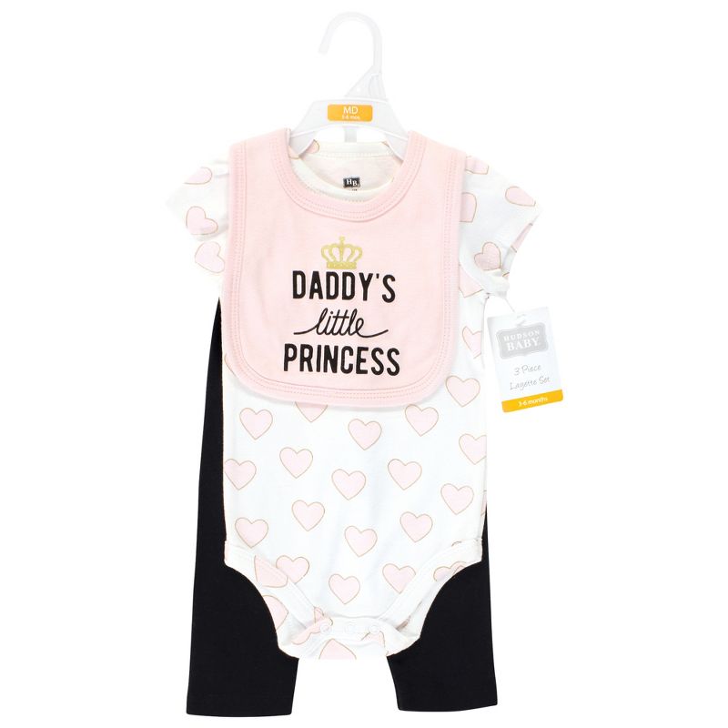 Hudson Baby Infant Girl Cotton Bodysuit, Pant and Bib Set, Daddys Little Princess, 2 of 6