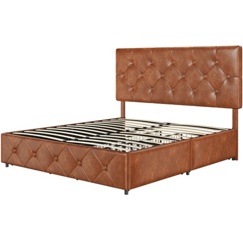 Yaheetech Upholstered Faux Leather Bed Frame With Adjustable Headboard,  Amber Brown(queen) : Target